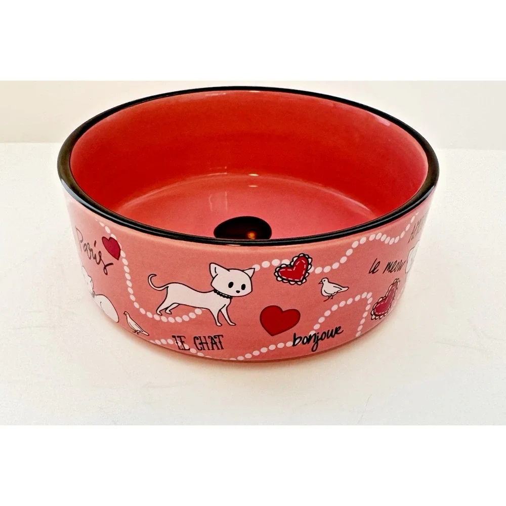 WHISKER CITY Pink Cat Bowl Paris Eiffel Tower Hearts Amour Ceramic Pet Dish